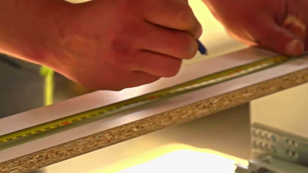 Close-up of hands measuring wooden board accurately during construction task