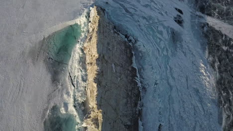 aerial view of frozen river with ice formations