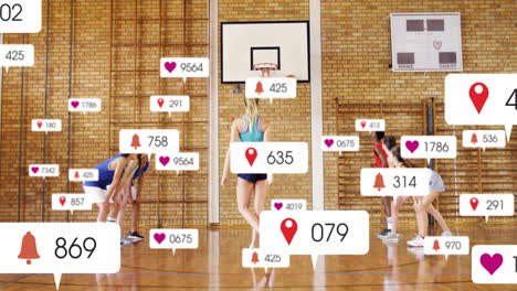 practicing basketball in gym, players using animation for social media notifications