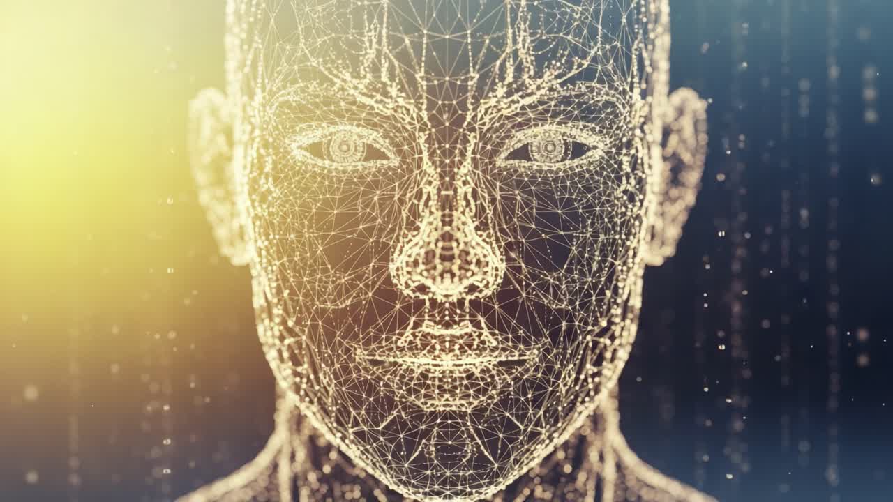A Glowing Digital Portrait of a Neural Network-Inspired Human Face, Showcasing Intricate Mesh Patterns and Modern Artificial Intelligence Aesthetics in a Futuristic Environment