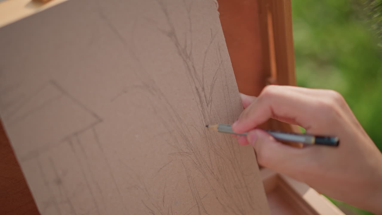 Un artista disegna un edificio all'aperto immerso nella natura. Un artista cattura una scena di una casa e un parco con delicati tocchi di matita. Schizzo di un edificio all'aperto in un parco usando leggere pennellate di matita e luce solare naturale