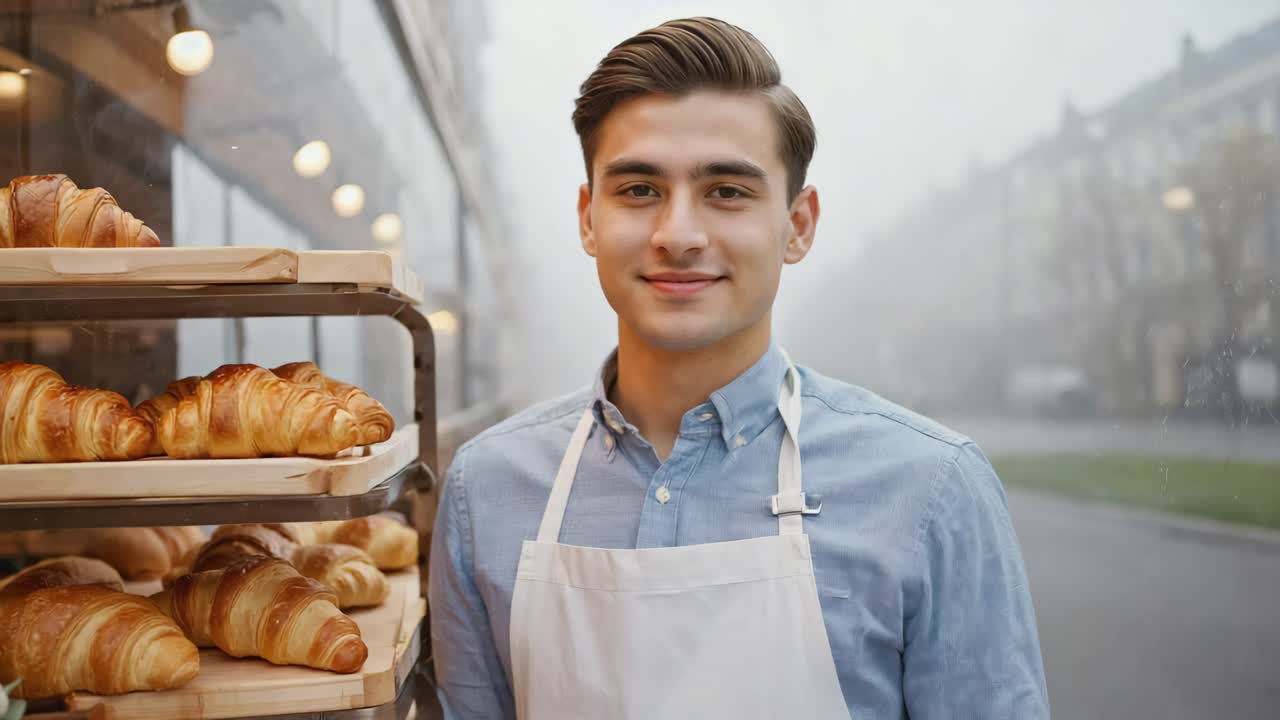 Jovem padeiro vendendo croissants em sua padaria