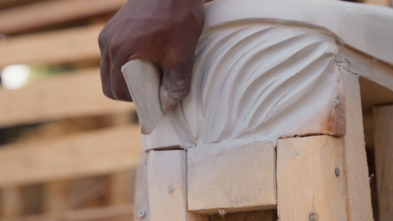 Closeup black hands sanding carved molding, apprentice restorer in carpentry workshop, gentle strokes with sanding block on ornate corbel, dusty texture, warm pallet background, focused patience