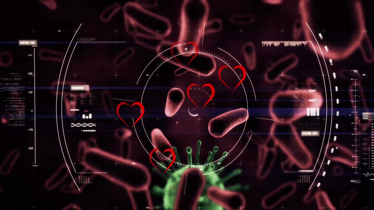 Animación de iconos de corazón y escaneo de mira sobre células virales en fondo negro