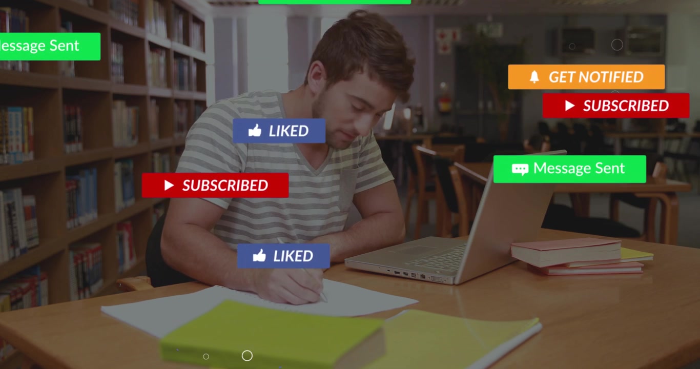 Student writing, typing on laptop in education, causing badges to flood and clear, checking alerts