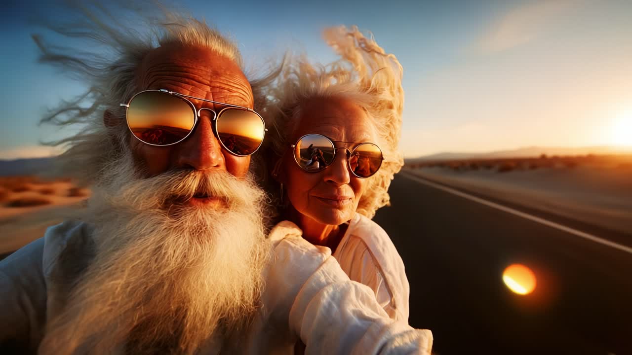 Capturing the Spirit of Adventure: An Elderly Couple Embracing the Open Road with Joy and Freedom, Radiating Love and Happiness Against a Stunning Sunset Backdrop