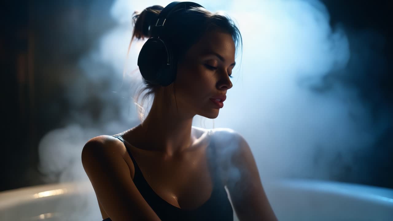A Serene Moment of Relaxation: Young Woman Enjoying Music in a Steamy Bath with Headphones, Evoking Peacefulness and Tranquility in a Dimly Lit Environment