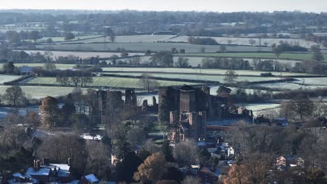 Castillo-Ruinas-Reino-Unido-Invierno-Aéreo-Paisaje-Campo-Warwickshire-Helado-Kenilworth