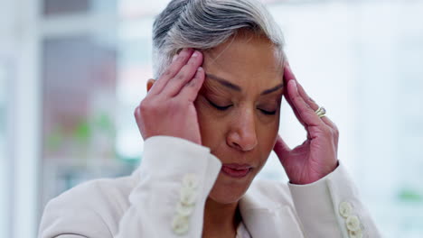 senior woman, headache and stress in debt