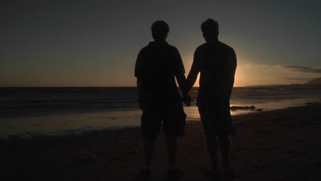 silhouettes of two men hold hands on a windy beach