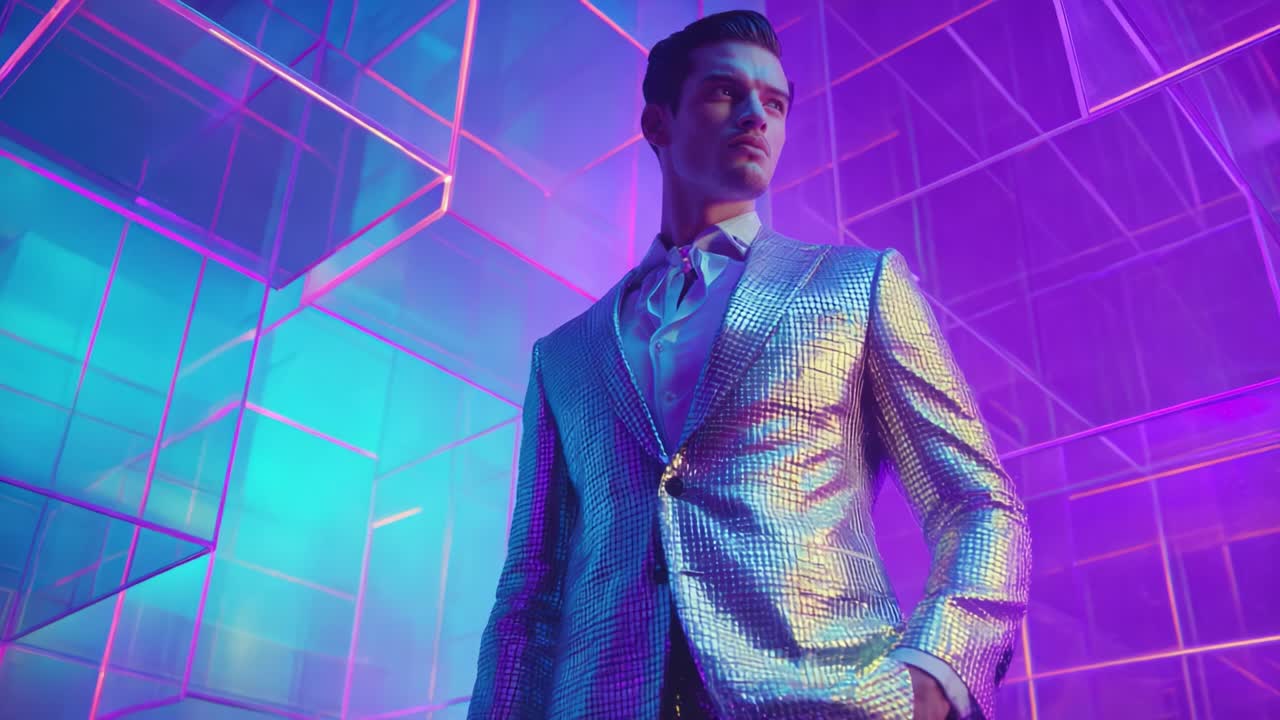 Uma figura impressionante se destaca em um ambiente futurista e colorido, exibindo um traje metálico chamativo com padrões geométricos, cercada por cubos luminosos que criam uma atmosfera vibrante e dinâmica