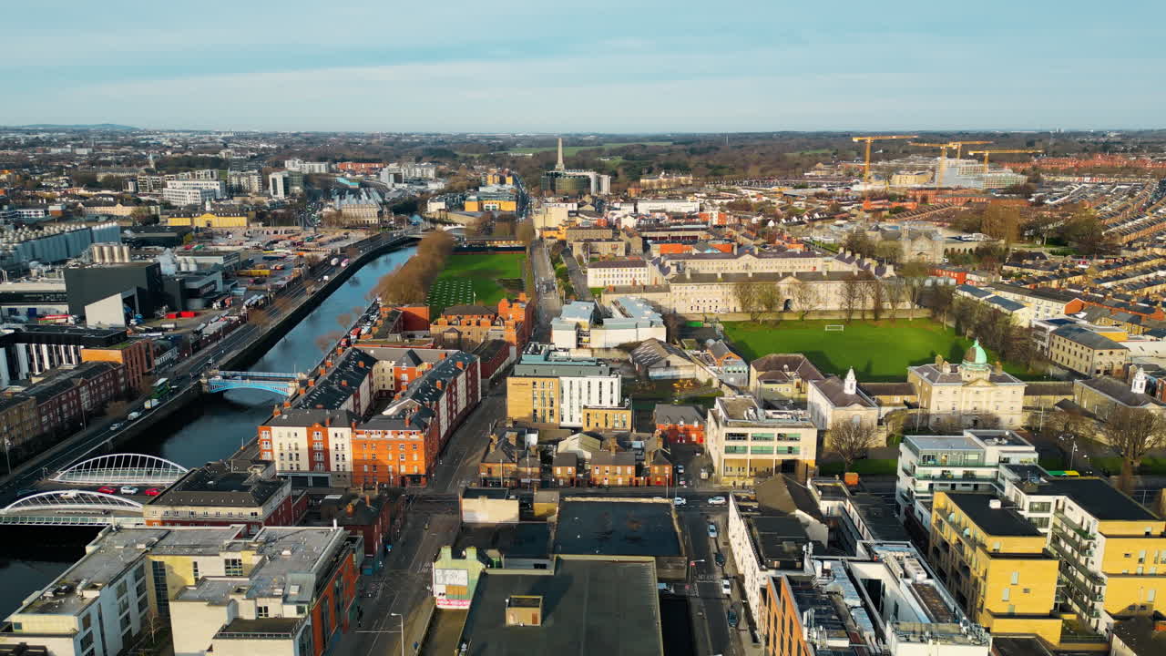 Aerial drone view of bridges over the River Liffey in Dublin, Ireland in daylight
