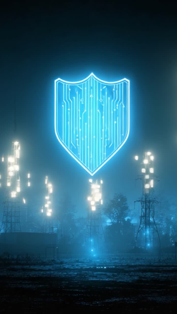 Illuminated Digital Shield Surrounded by Tower Structures in a Misty Landscape: A Dystopian Vision of Technology and Protection