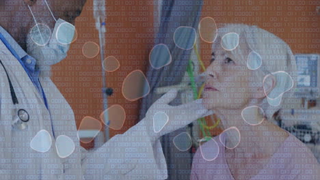 animación de la cadena de adn y procesamiento de datos sobre diversos médicos y pacientes en el hospital