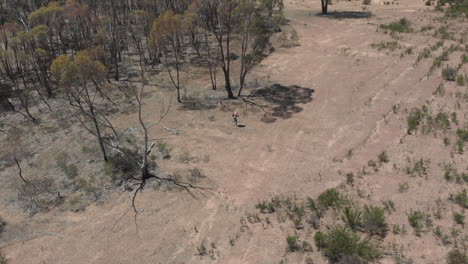 distant aerial rotation following girl emerging from woodland area