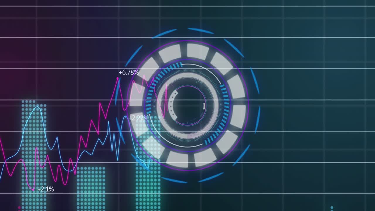 animación de un escáner redondo de neón que gira sobre el procesamiento de datos estadísticos sobre fondo azul