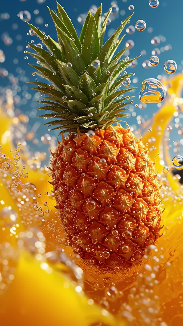 Ripe pineapple splashing into fresh pineapple juice