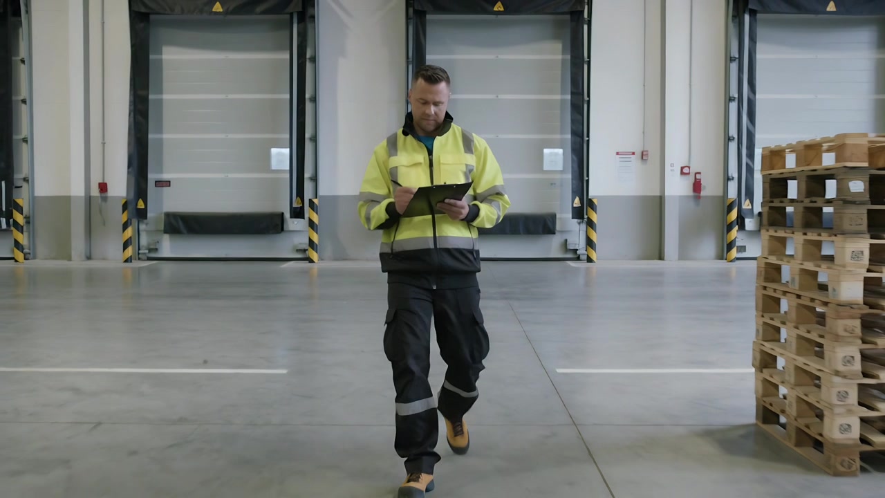 Walking dock worker wearing hi-vis jacket starting at closed docks, using tablet, checking pallets