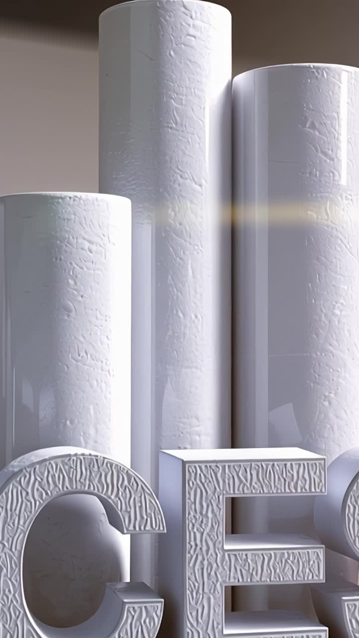 Design minimalista con cilindri bianchi e testo scultoreo dalle texture intricate, sotto un'illuminazione soffusa su uno sfondo semplice.