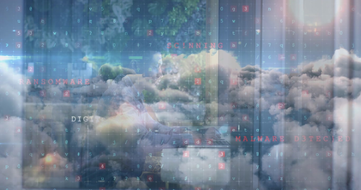 Animation of data processing over clouds and businessman using computer