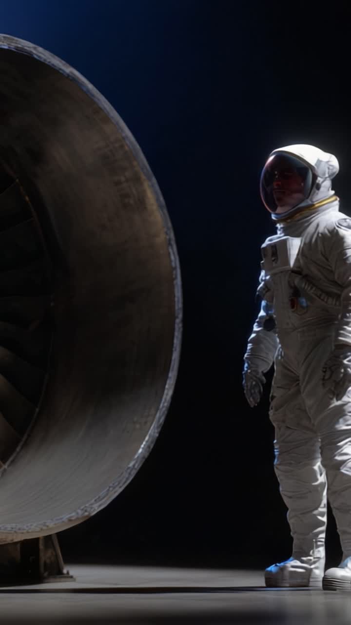 Seorang astronot sendirian berdiri terkagum-kagum, menatap mesin jet raksasa, memadukan eksplorasi futuristik dengan keajaiban teknologi dalam pemandangan yang menawan ini