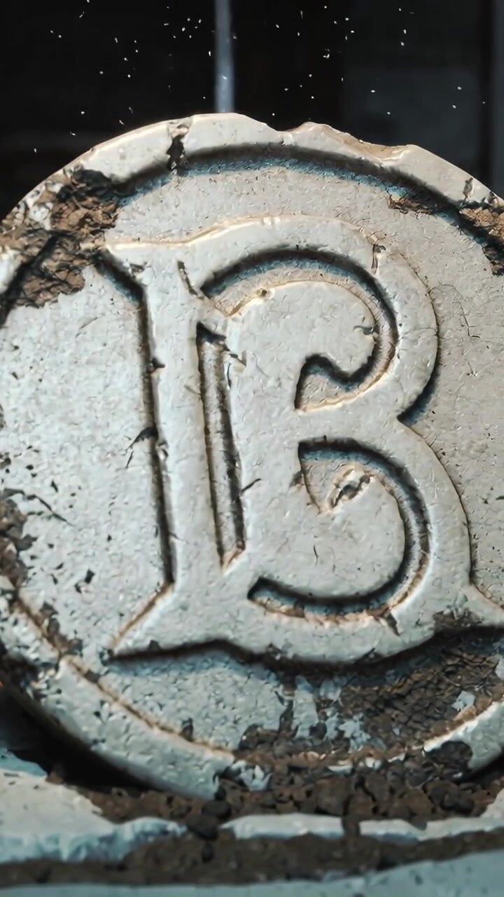 Vertical video: Panning camera revealing worn stone medallion on cracked slab, showing embossed B
