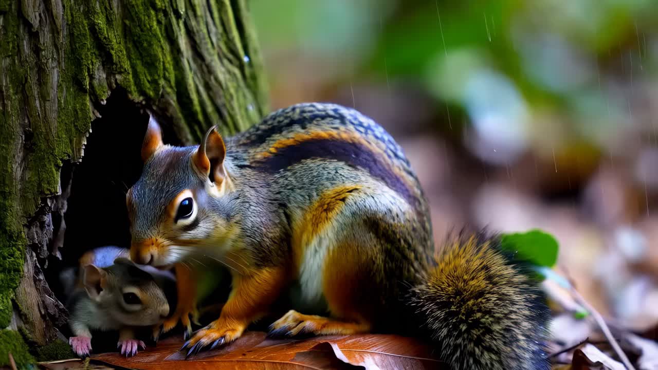 Uno scoiattolo è su un terreno coperto di foglie con un cucciolo di scoiattolo in bocca.