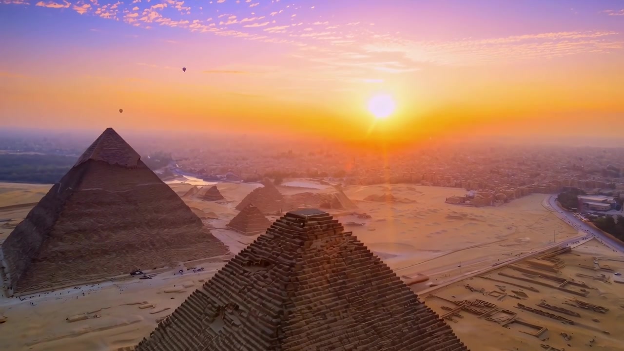 Vista aerea delle Grandi Piramidi di Giza al tramonto
