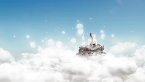 바위 위에 디지털 태블릿을 사용하는 사려 깊은 사람. 태양과 함께 구름에 앉아 있습니다. 거품 애니메이션