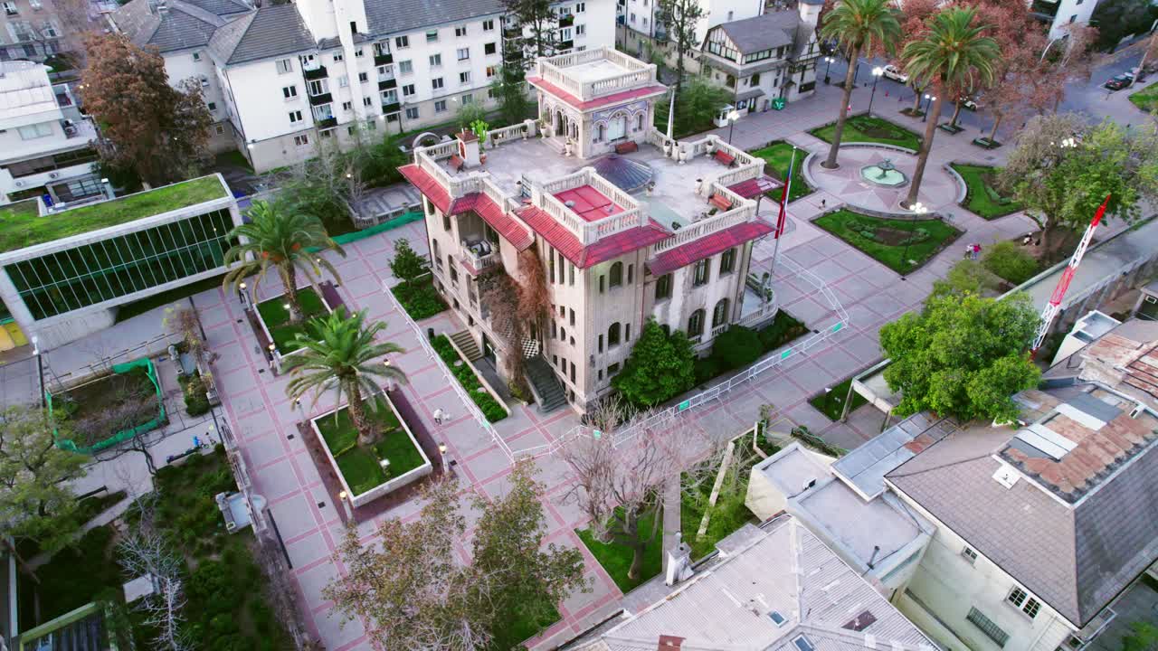 Aerial orbit of the Falabella Palace, heritage of Santiago's old wealthy class of the city and Chile