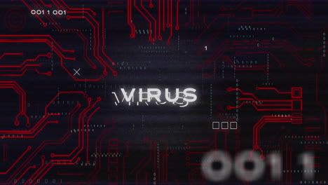 placa de circuito roja y código binario con animación de texto de virus