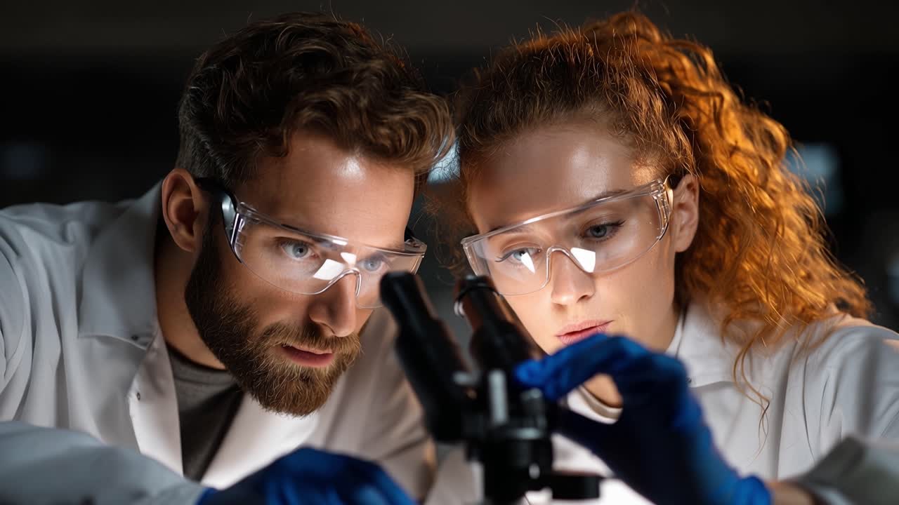 Un duo di scienziati osserva attentamente attraverso la lente del microscopio. Le espressioni concentrate suggeriscono profonda concentrazione e scoperta. I ricercatori in camice da laboratorio esaminano il campione con cura. Ideale per la scienza e l'istruzione.