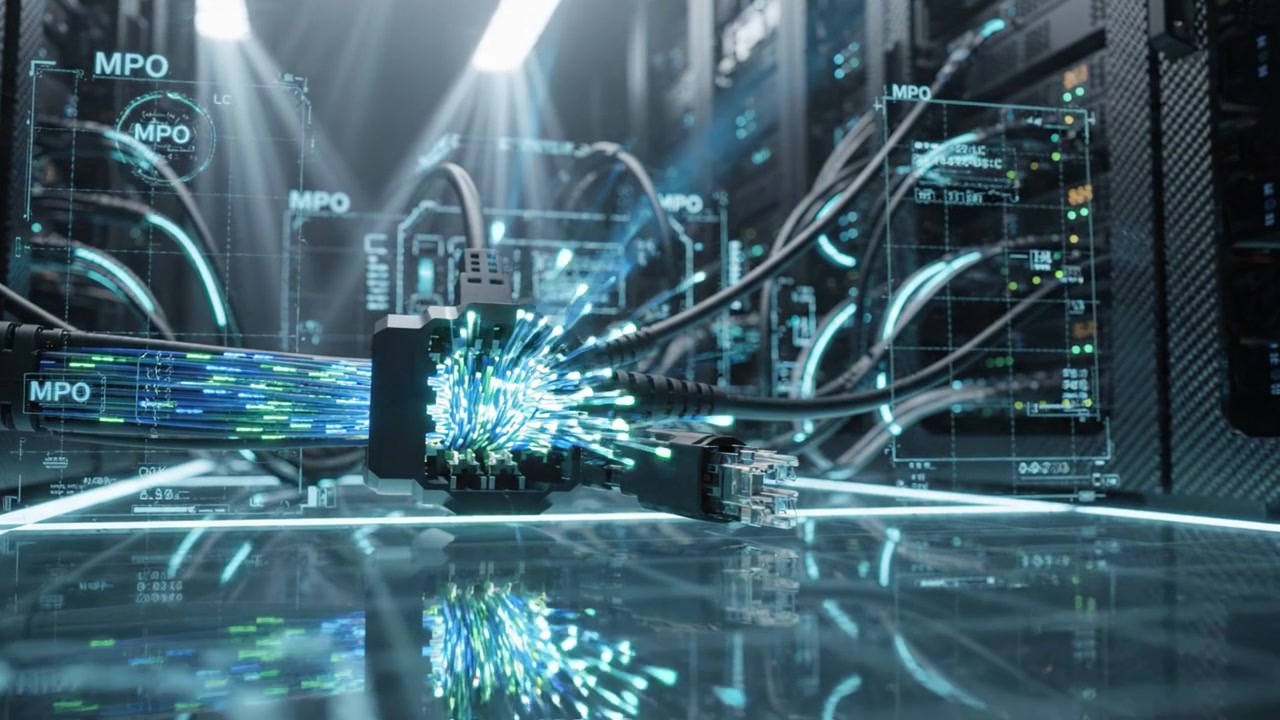 Illuminated Network Cables in a Data Center with High-Tech Servers and Fiber Optic Technology Showcasing Advanced Connectivity and Digital Infrastructure