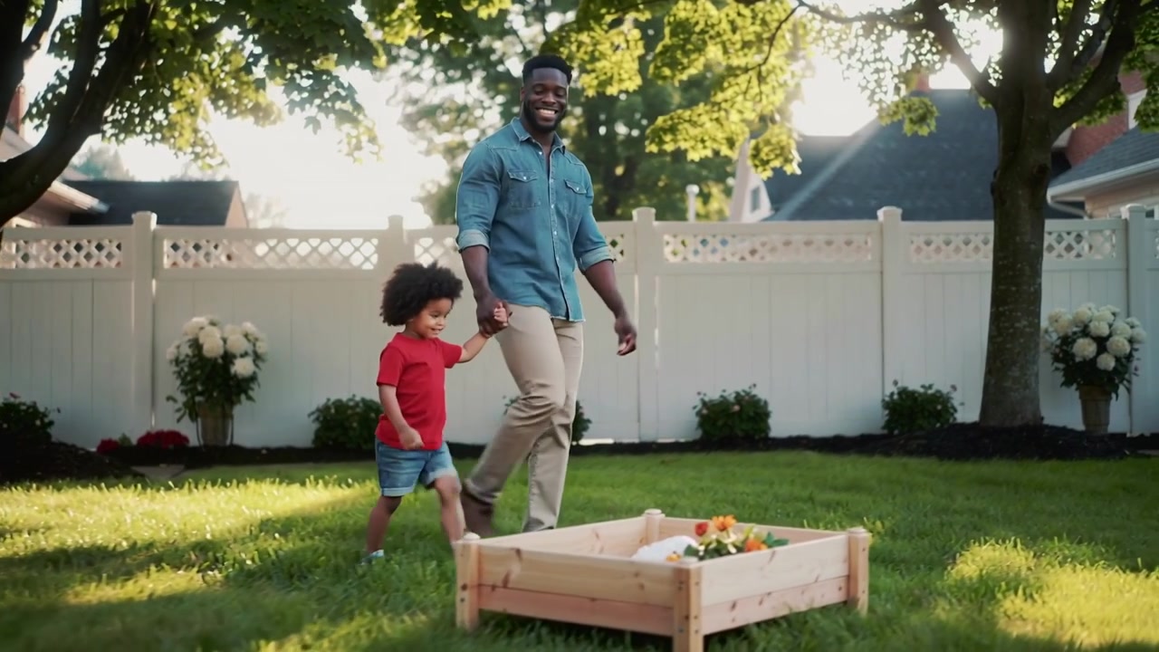 Entering from left, walking father and child in denim, red tee on backyard stroll, passing planter
