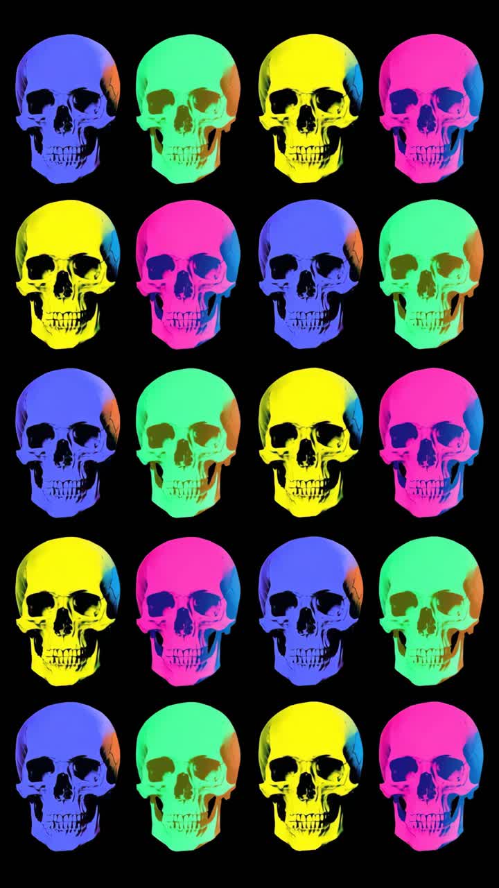 Vibrant pop art skulls in neon colors arranged in a grid pattern