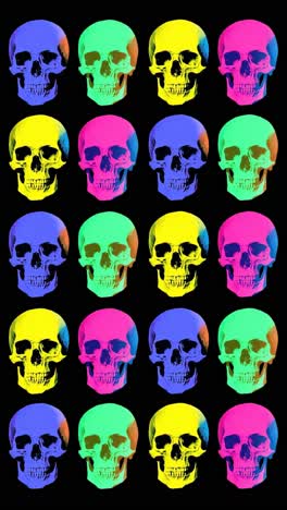 vibrant pop art skulls in neon colors arranged in a grid pattern