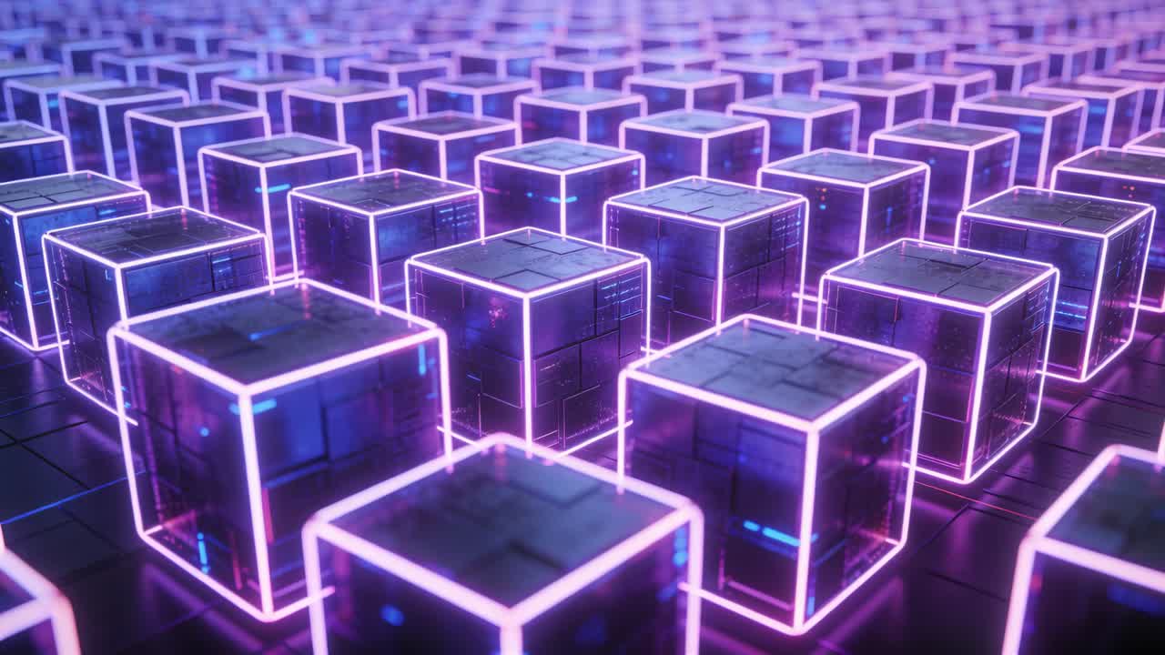 Camera moving forward, rows of lit cubes pulsing neon edges and reflecting floor, revealing depth