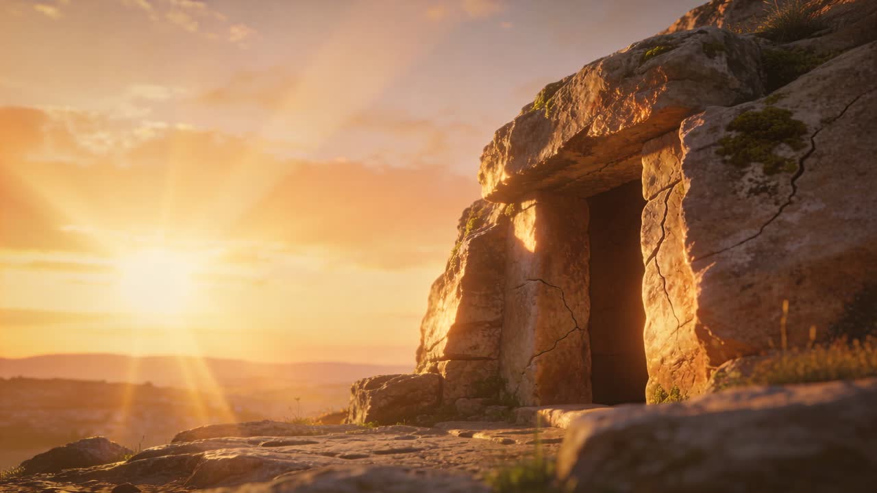 Opgående solstråler bader en udskåret klippeindgang på et stenet plateau med en flad stenhylde og plads til tekst.