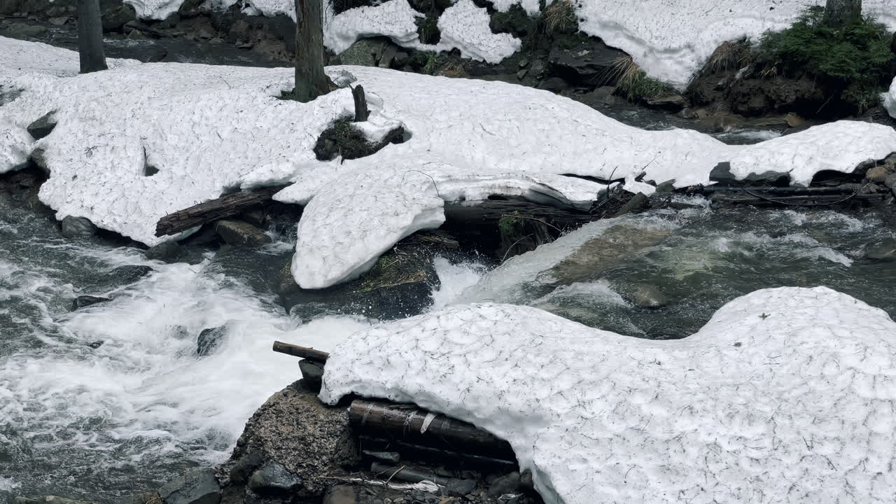 textura de agua de una pequeña cascada en el bosque de invierno. río rápido y de roca húmeda.