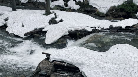 water texture of small waterfall in winter forest. river rapid and wet rock.