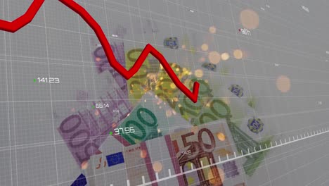 red graph moving over grid network against euro bills against sparks of fire