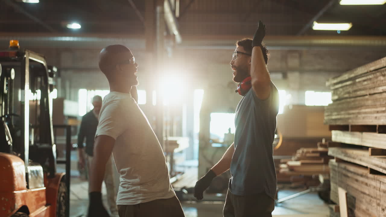 Two Workers Celebrating a Job Well Done in a Warehouse