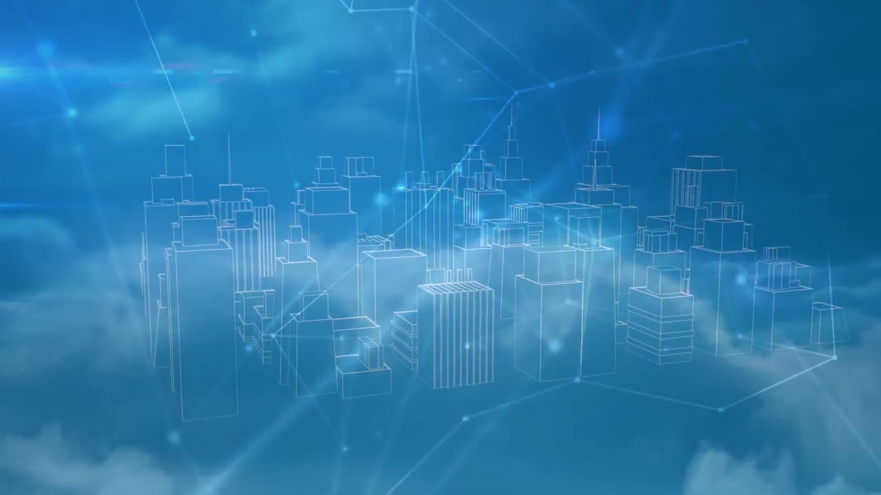 animación de redes de conexiones sobre el paisaje urbano 3d sobre fondo azul