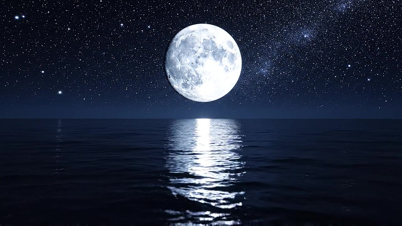 穏やかな海に映り込む満月と夜空。