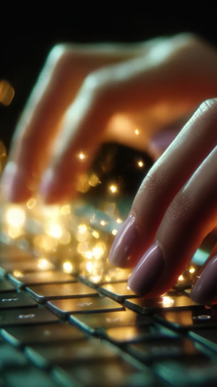Dita illuminate che digitano su una tastiera, creando un bagliore magico con luci scintillanti in un ambiente buio, catturando l'essenza della creatività digitale