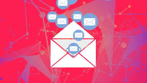 Animation-of-email-envelope-icons-and-network-of-connections-on-red-background