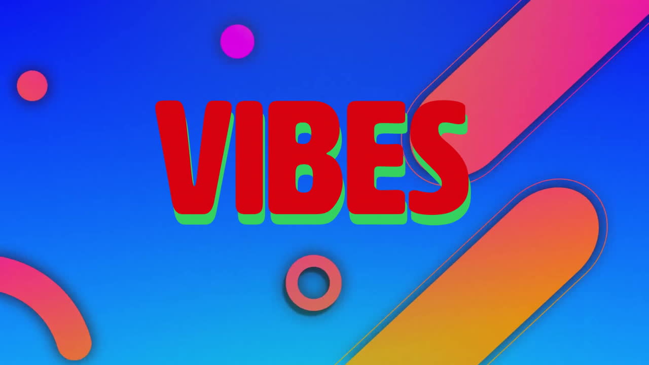 Vibes text animation over colorful geometric shapes on blue background