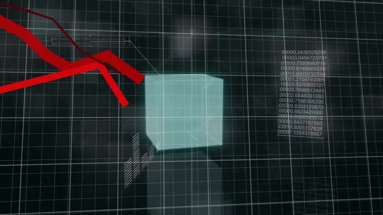 animación del procesamiento de datos financieros sobre un cubo sobre un fondo negro