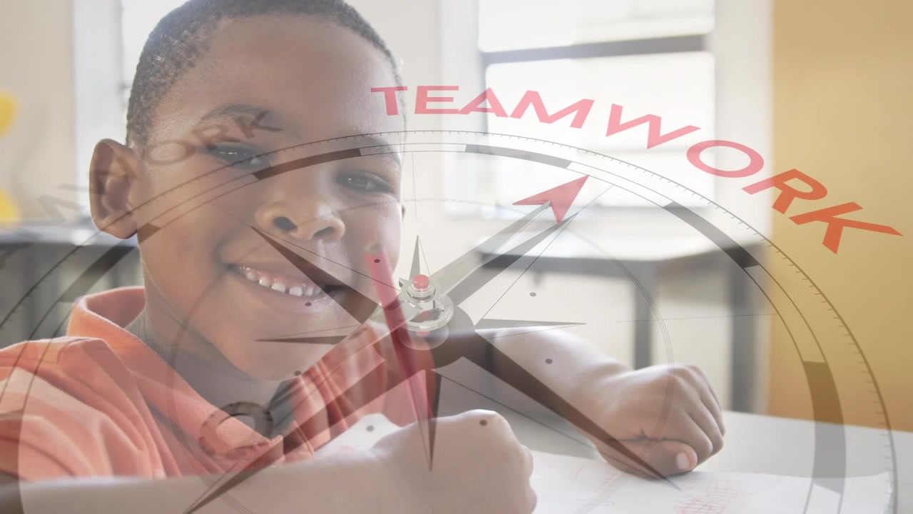 Animation of compass with text over african american boy writing in notebook