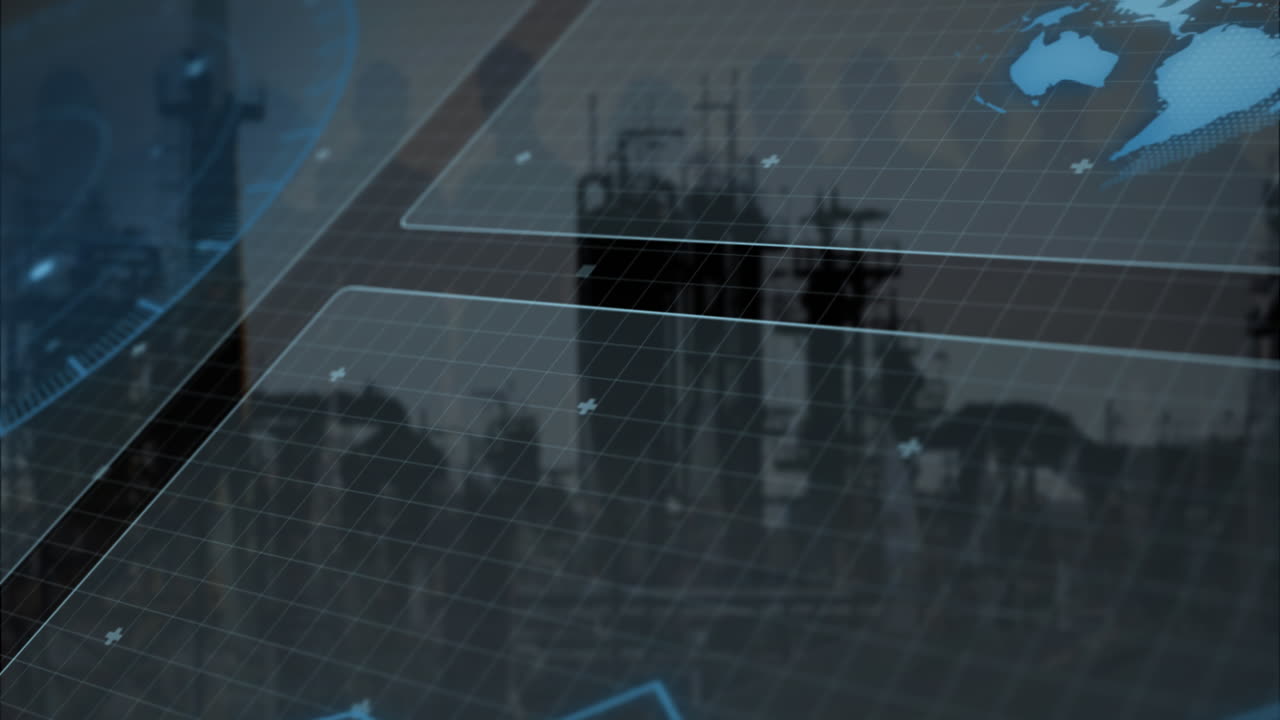 animación de radar, gráfico y globo sobre fábrica contra el cielo